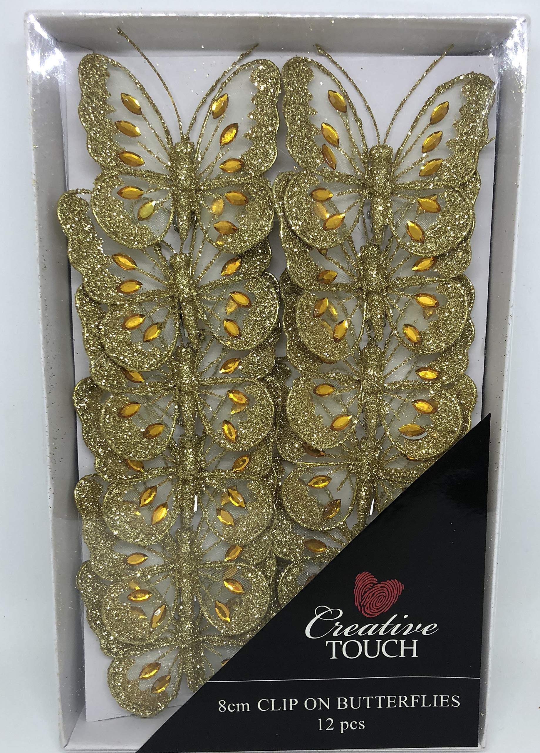 Set of 6 Gold 8cm Diamante Glitter Mesh Jewelled Butterfly 3D Decorative Butterflies Wedding Home Party Event Craft Embellishment Festive Stylish Xmas Tree Christmas Decoration Curtain Clip On