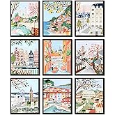 LANCHI95 Vintage Travel City Posters Wall Art, Europe Italy Cities Art Prints Painting, Trendy Modern Colorful Landscape Wall Decor for Living Room Bedroom Bathroom 8x10inch Set of 9 UNFRAMED