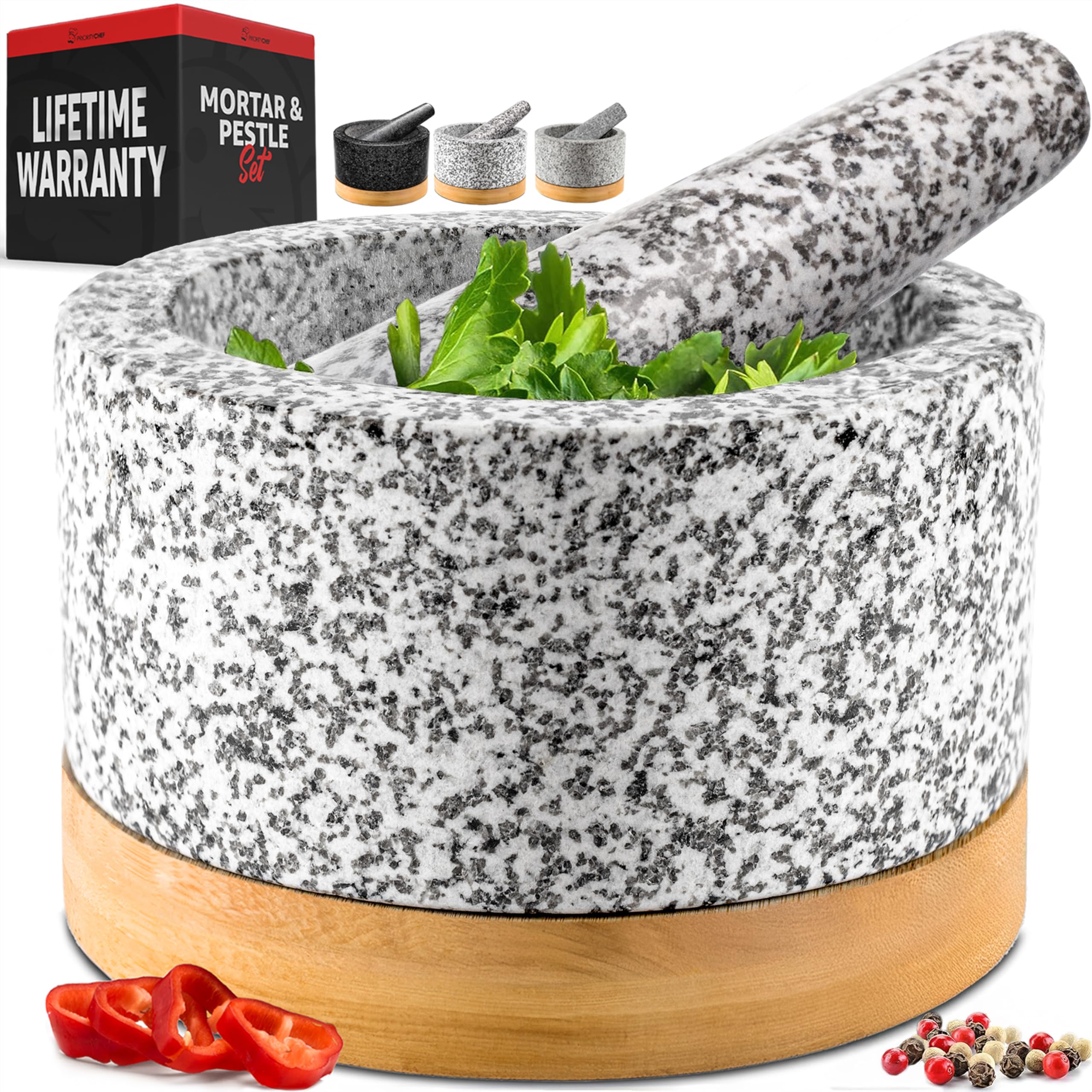 Photo 1 of **ONLY THE BOWL**PriorityChef Heavy Duty Mortar and Pestle Set with Bamboo Base, 100% Natural Granite Stone Grinder, Guacamole Bowl and Masher, 1.5 Cups, White
