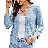 GRACE KARIN Women Lightweigt Crochet Knit Cardigan, 3/4 Sleeve Cropped Shrugs, Spring Button Down Sweaters Tops