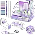 Purple Desk Organizers and Accessories, Purple Office Supplies with Mesh Desk Organizer, Acrylic Tape Dispenser and Stapler, Staples, Ballpoint Pen, Clips Set, Ruler, Scissor, Sticky Labels