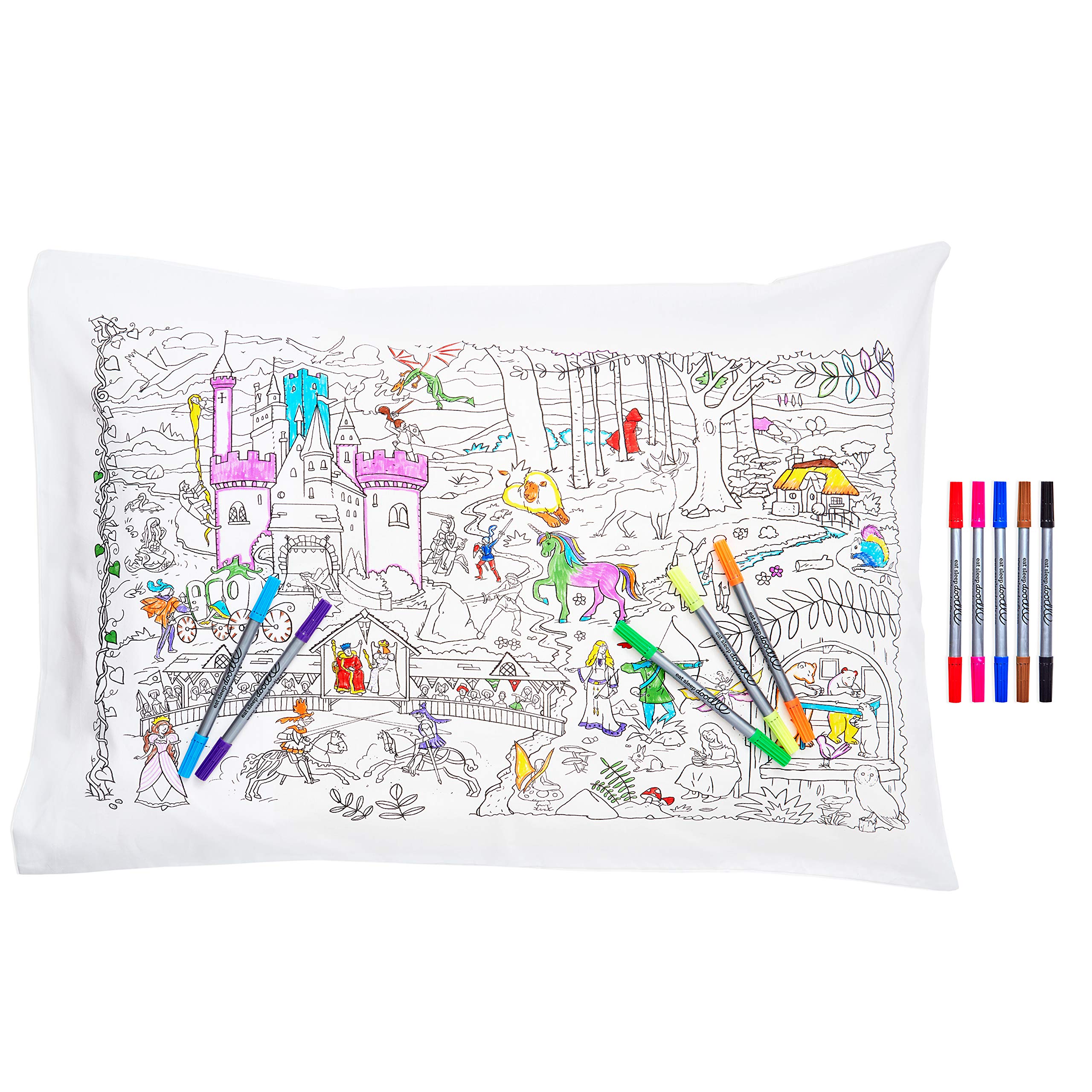 eatsleepdoodle Colouring Pillowcase With 10pk Washable Markers - 75x50cm Fairytales & Legends - Ultra Washable & Reusable Arts and Crafts for Kids