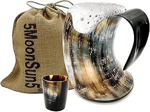 5MOONSUN5's The Original Handcrafted Authentic Viking Drinking Horn Tankard for Beer, Mead, Ale – Medieval Inspired Stein Mug – Food Safe Vessel With shot glass and burlap sack.