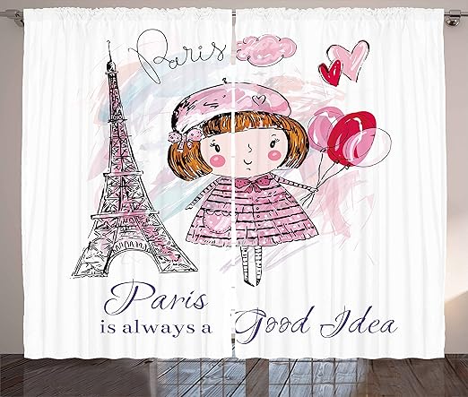 Amazon Com Ambesonne Paris Curtains Little Girl Holding Balloons