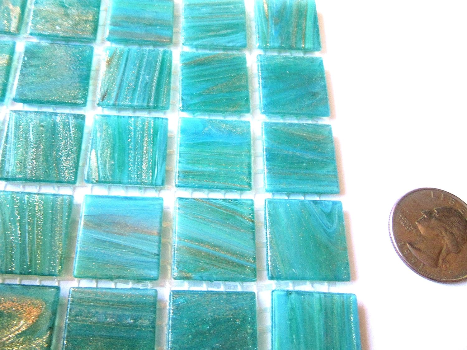 50 Square Turquoise and Gold Glass Mosaic Tiles 20
