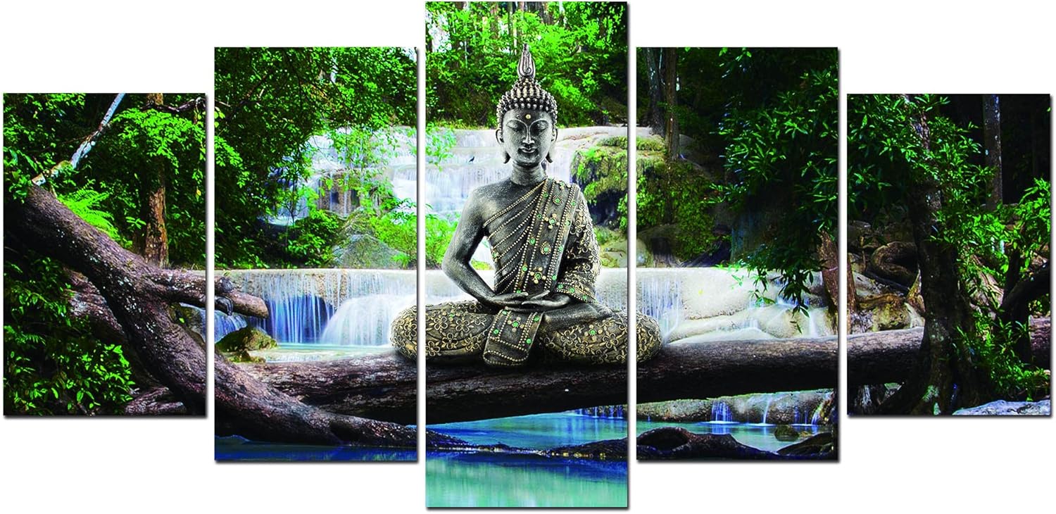 Paintings - 5-Panel Buddha Wall Canvas Painting Hindu Buddhist Religious Home Decoration for Living Room Dining Room Office Art Display