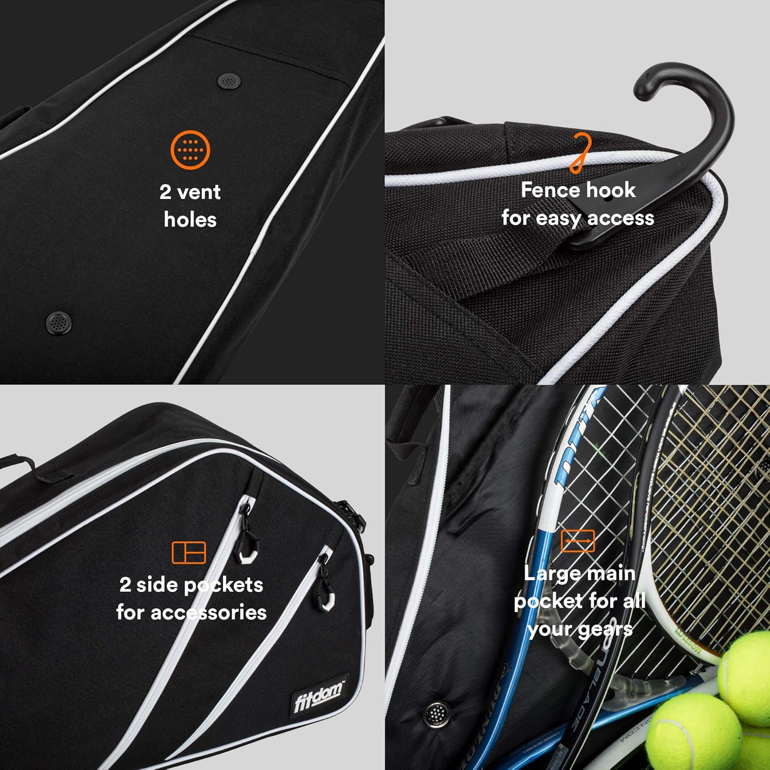 Fitdom Black Tennis Racket Bag - Can Carry Up to 3 Racquets. Perfect for Men, Women, Junior & Kids. Made from Heavy Duty Zipper & Durable Exterior for Your Gears, Towels, Balls and Accessories. : Sports & Outdoors