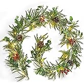 Brightown Pre-lit Christmas Garland with Lights, 6 Feet 20 LED Battery Operated Christmas Lights with Pine Cones, Berry, Eucalyptus Leaves, Indoor Christmas Decorations for Stairs, Fireplace, Door