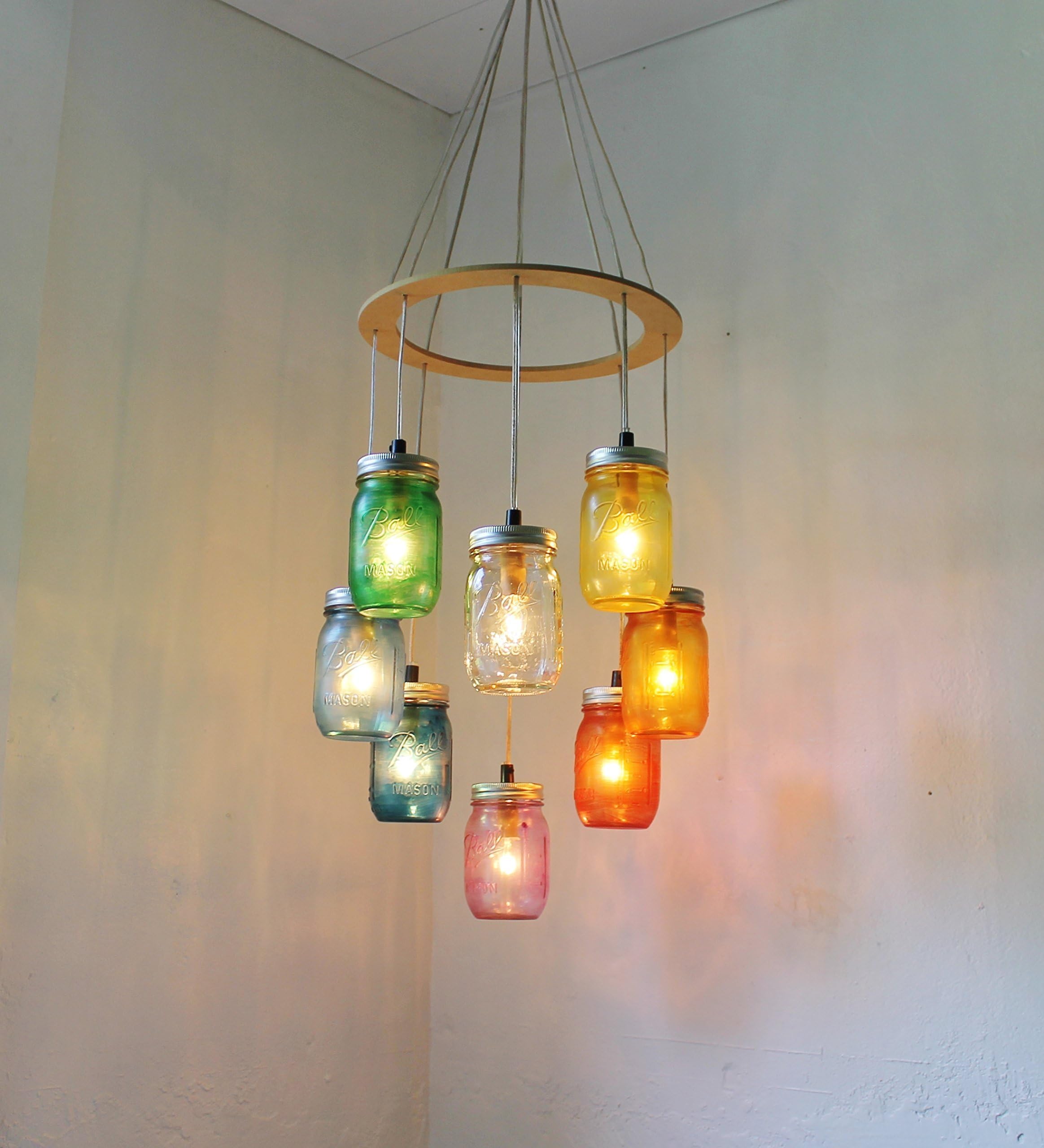 Rainbow Heart Shaped Mason Jar Chandelier, Bulbs Included