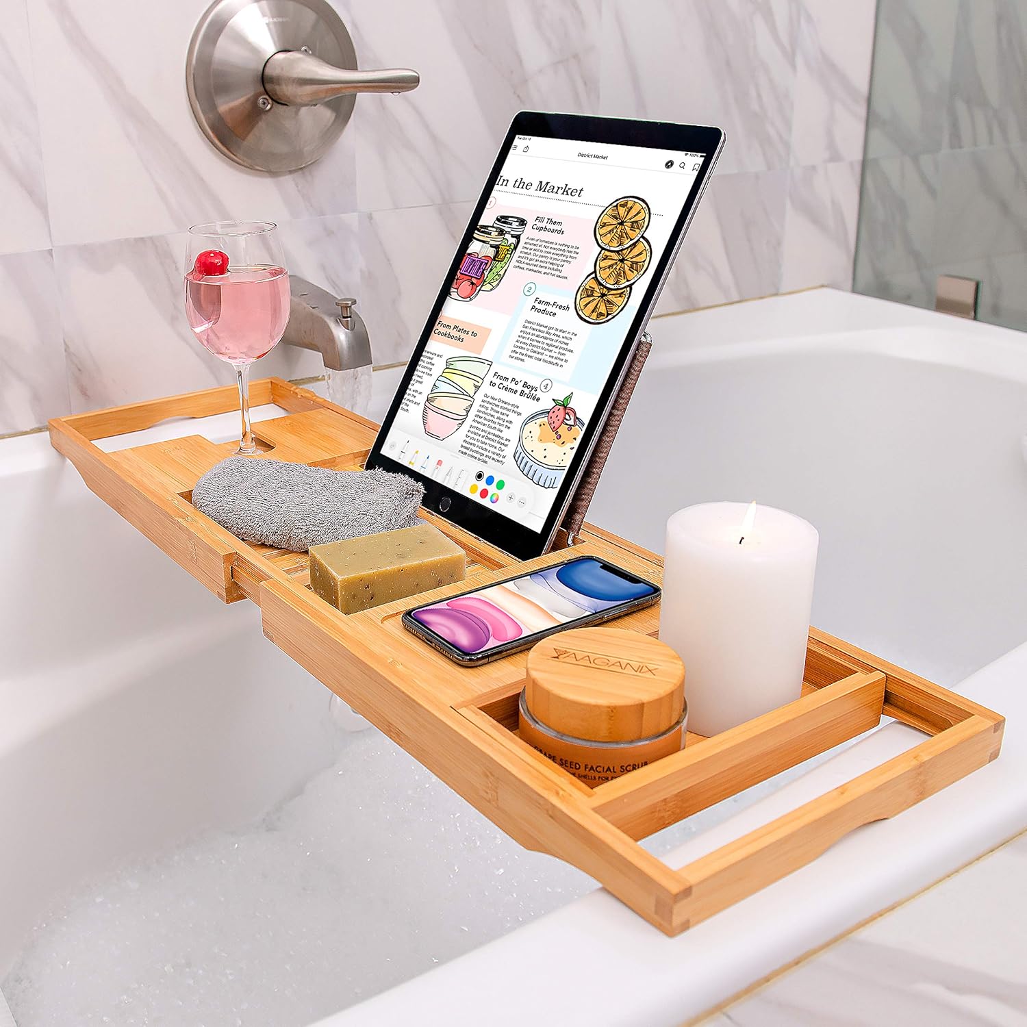 Bamboo Bathtub Tray - Perfect Expandable Bathtub Caddy with Reading Rack or Tablet Holder, This Premium Bath Tray Includes a Wine Glass Holder: Kitchen & Dining