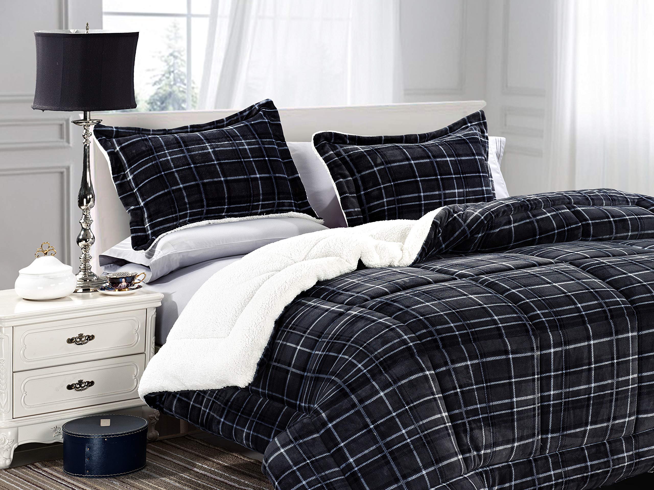 Elegant Comfort Softest, Coziest Heavy Weight Plaid Pattern Micromink Sherpa-Backing Premium Quality Down Down Alternative Micro-Suede 2-Piece Reversible Comforter Set, Twin/Twin XL, Black Image