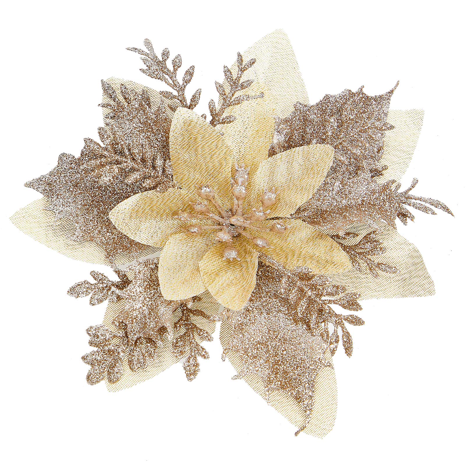Photo 1 of 15 Pcs Glitter Poinsettia Artificial Christmas Flowers, Ornaments and Decor with Stems and Clips, 5.5 Inch