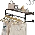Crehomfy Industrial Pipe Clothes Rack with Top Shelf and 3 Hooks, 41''L Wall Mounted Garment Rack, Heavy Duty Iron Garment Bar, Clothes Hanging Rod Bar, 4 Base Max Load 135Lb Black