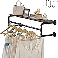 Crehomfy Industrial Pipe Clothes Rack with Top Shelf and 3 Hooks, 41''L Wall Mounted Garment Rack, Heavy Duty Iron Garment Ba