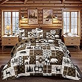 3 Piece Cabin King Size Quilt Sets Farmhouse Rustic Reversible Microfiber Soft Lightweight Bedspread Comforter with 2 Shams Patchwork Country Lodge Bedding Quilts Set for All Season, 106''x96'', Brown