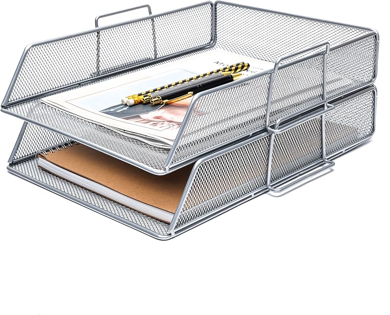 EXERZ 2 Pack Letter Trays Stackable Paper Sorter Desk Organiser SILVER