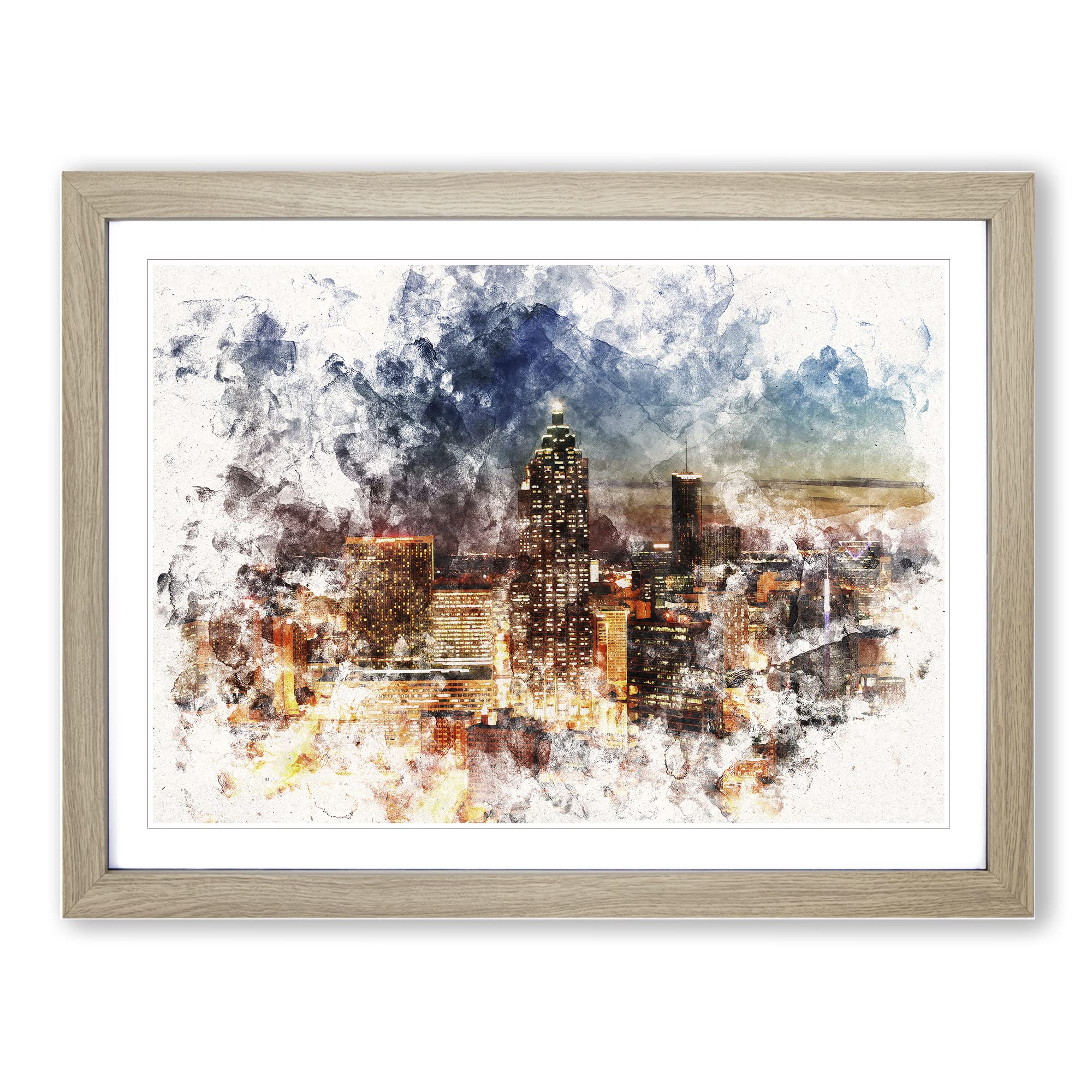 Atlanta Georgia Skyline Watercolour Modern Framed Wall Art Print, Ready to Hang Picture for Living Room Bedroom Home Office Décor, Oak A4 (34 x 25 cm)