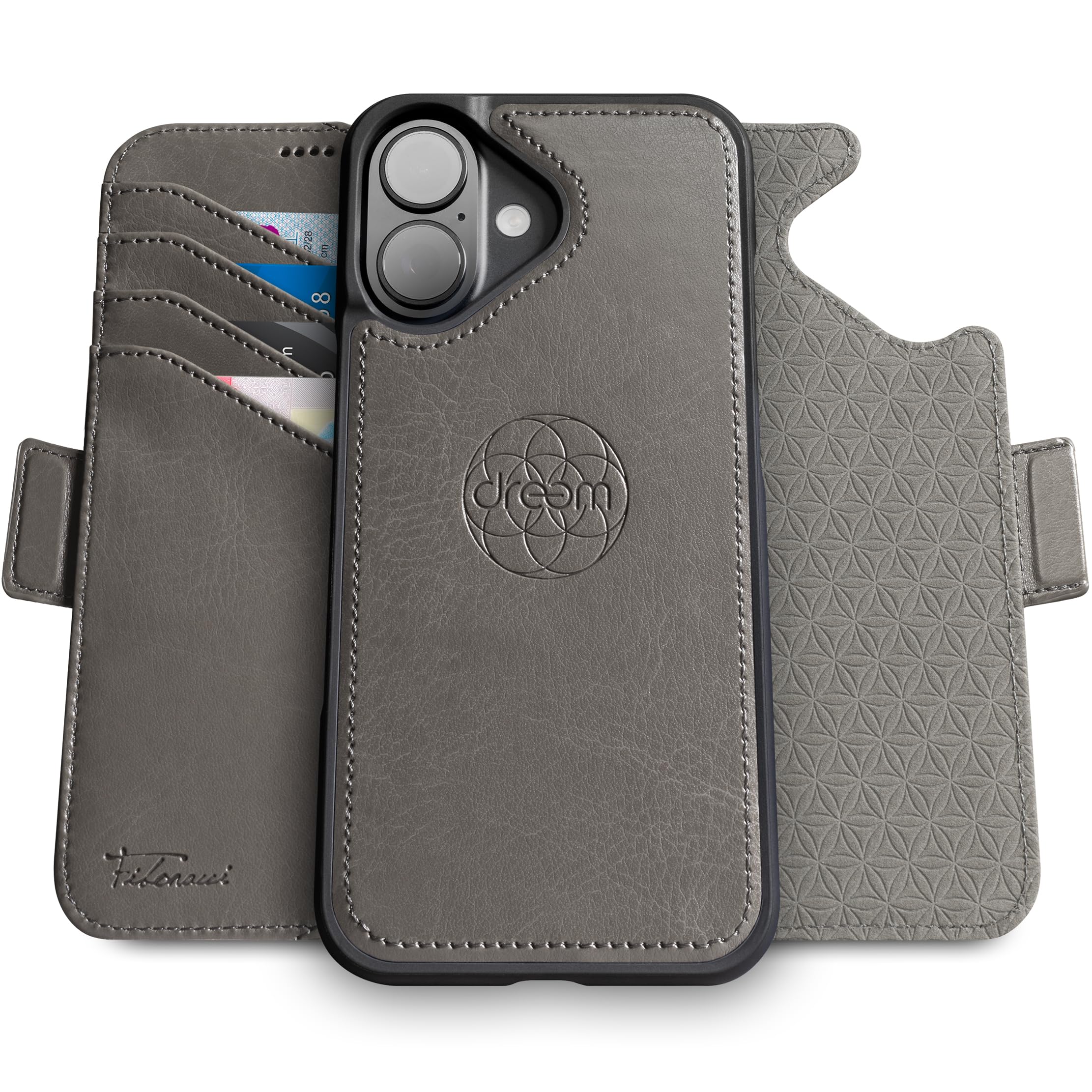 dreem Wallet Case for iPhone 16 Plus, Revolutionary Vert/Hor Phone Stand, Magnetic Detachable Vegan Leather Flip Cover RFID Blocking Card Holder, MagSafe-Fit, Gift Box [Fibonacci: Grey]