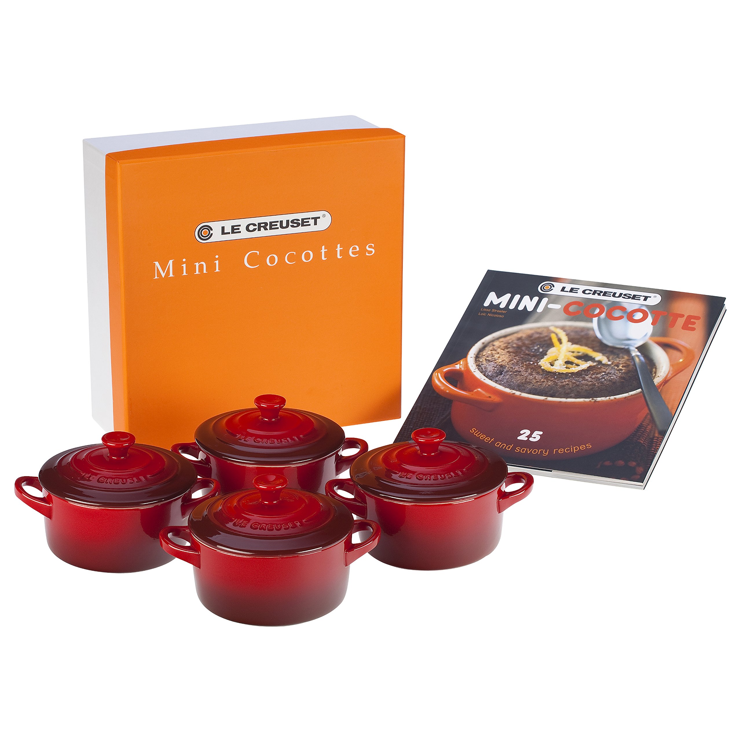 Photo 1 of Le Creuset Stoneware Set of 4 Mini Cocottes with Cookbook, 8 oz. each, Cerise