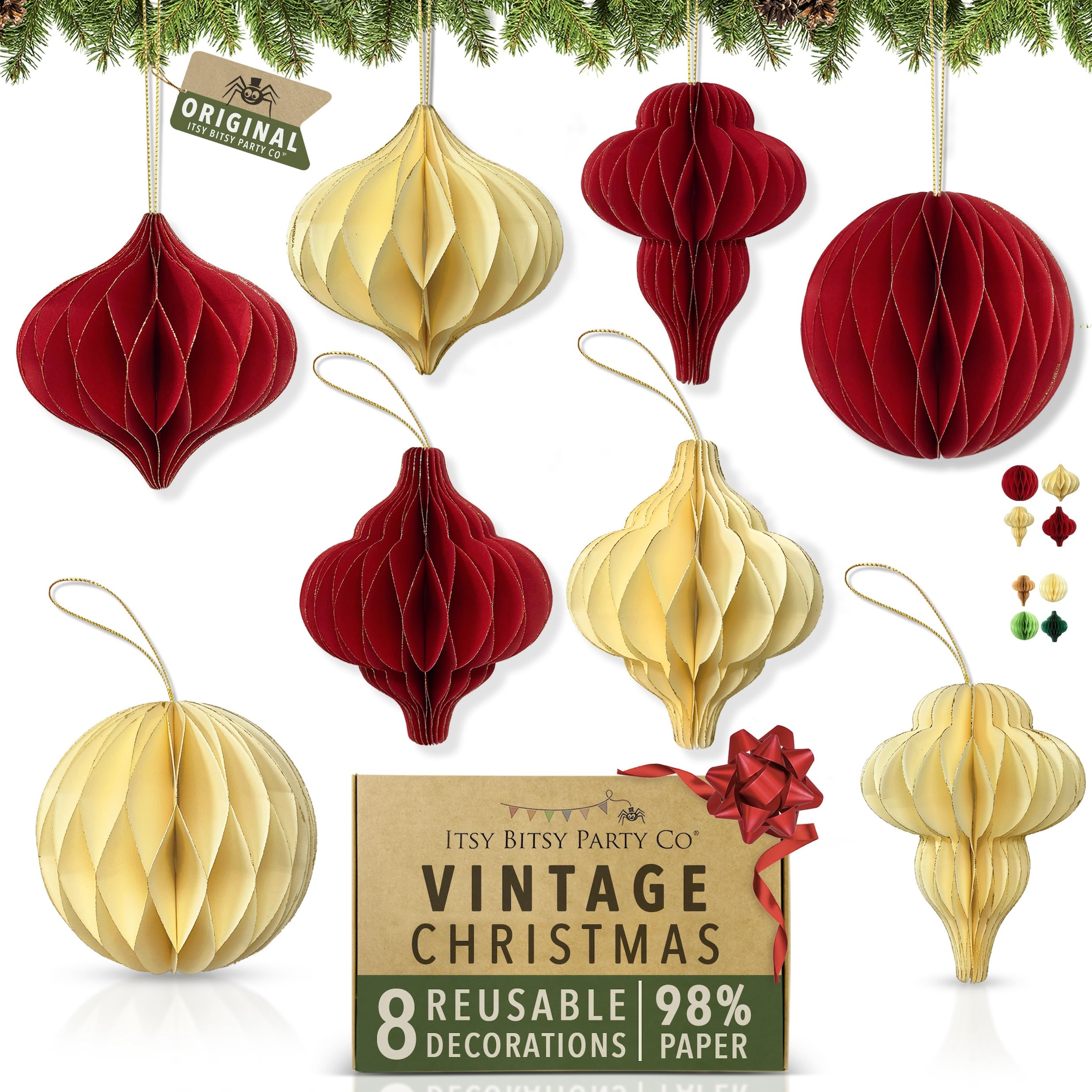 Premium Reusable Paper Christmas Decorations - Paper Christmas Tree decorations with Magnetic Clasps - Honeycomb Baubles - Hanging Xmas Decor for Home or Office by Itsy Bitsy Party Co (Red & Cream)