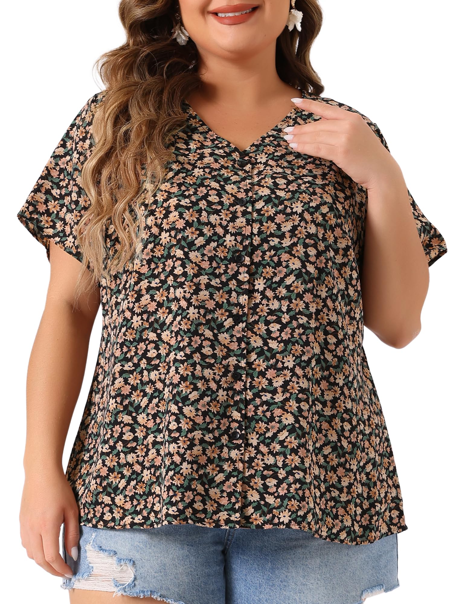 Agnes Orinda Plus Size Blouses for Women V Neck Button Tops Short ...