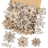 N&amp;T NIETING 24 Pcs Christmas Poinsettia Artificial Flowers &amp; Glitter Berries Stems Kit Christmas Floral Picks Christmas Tree Garland Wreath Filler Ornaments for Home Party Xmas Decor, Champagne Gold