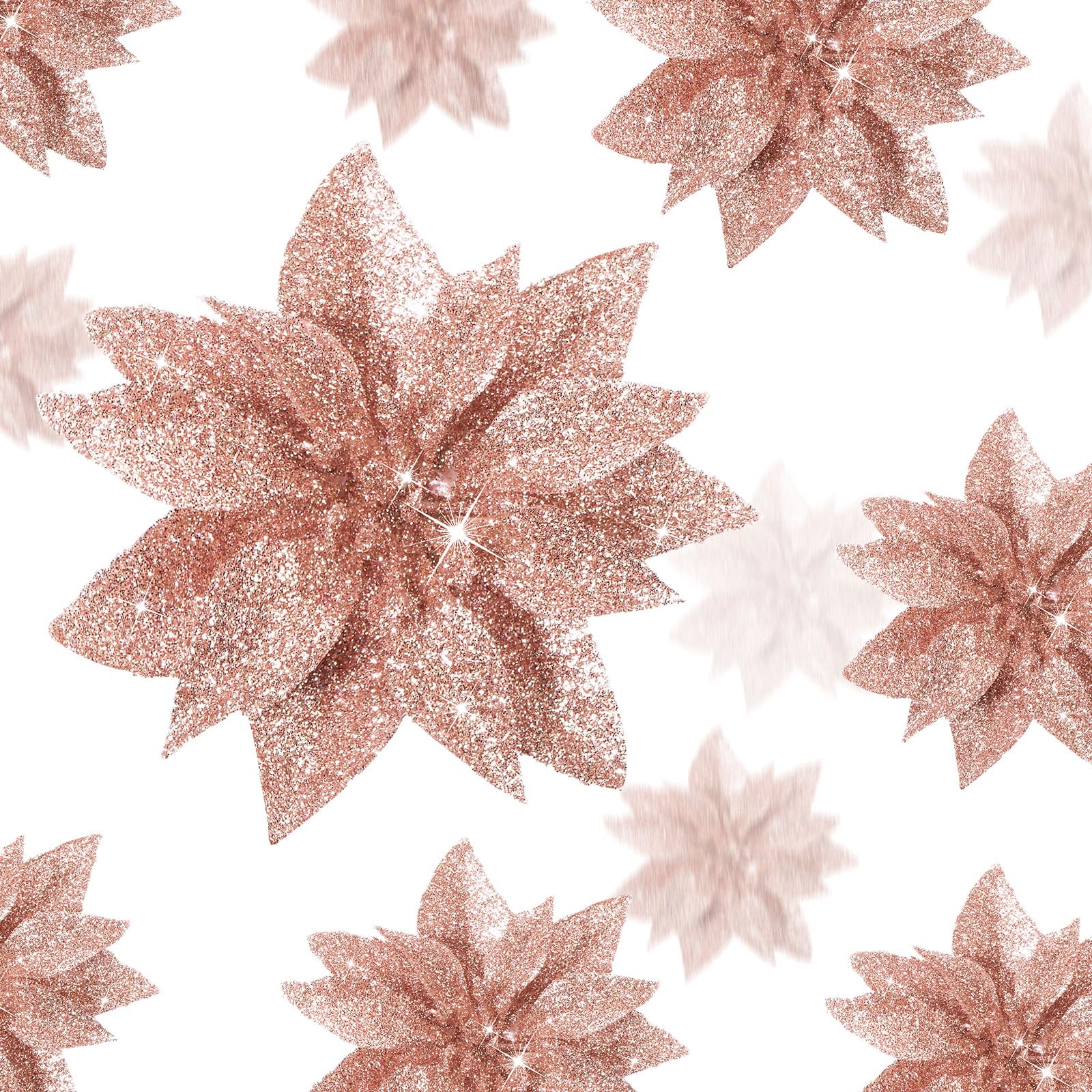 Chunyin 24 Pcs 3 Sizes Christmas Glitter Artificial Poinsettia Flowers w/ Clips Xmas Magnolia Flowers Christmas Poinsettia Decorations Xmas Tree OrnamentsXmas Wedding Party Wreath Decors (Rose Gold)