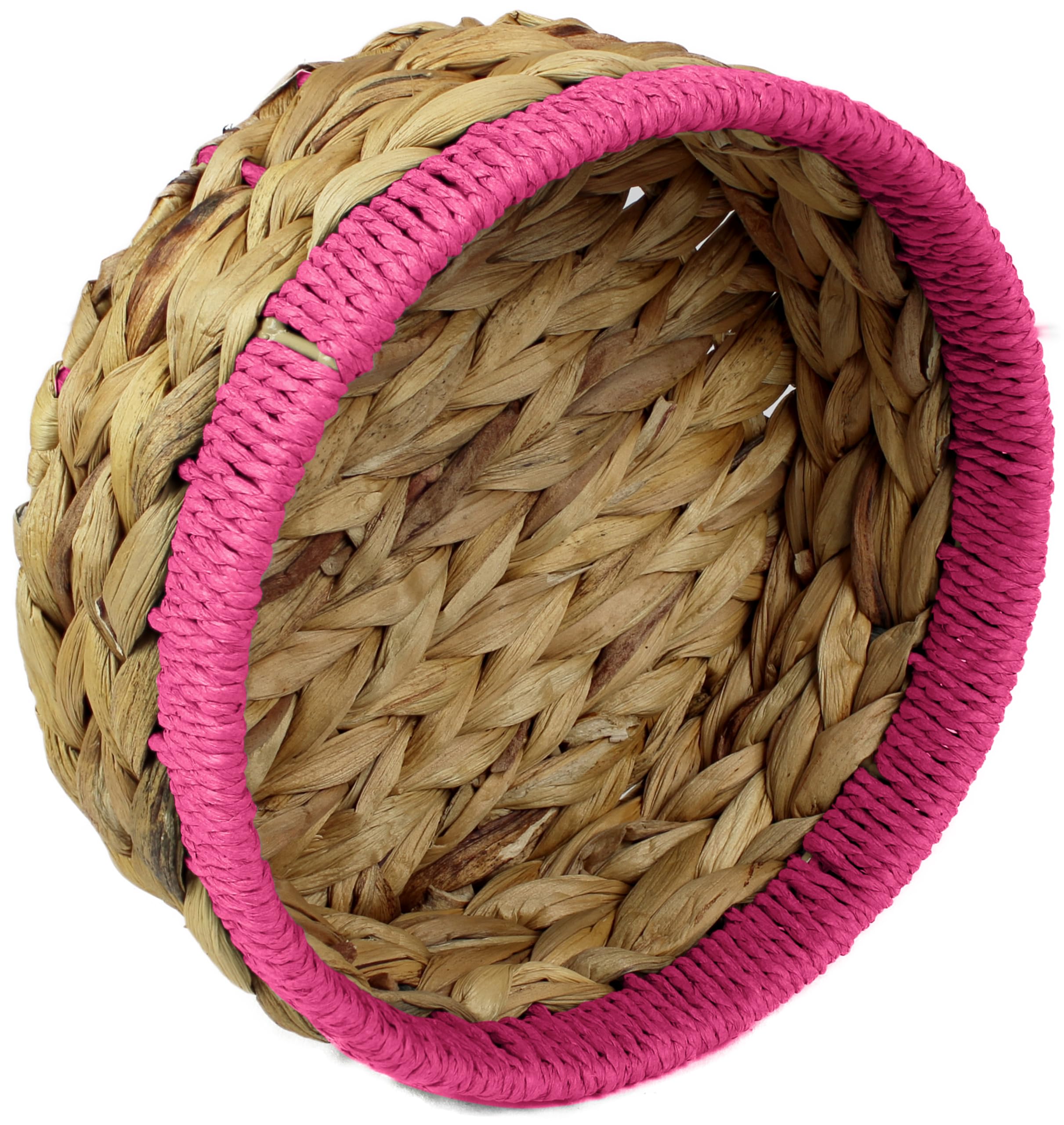 Small Water Hyacinth round baskets for storage Natural colour with Pink edges for shelves open hamper. Decorative gift bathroom storage mini tray make up bathroom Kitchen organiser (1, Large 22cm)