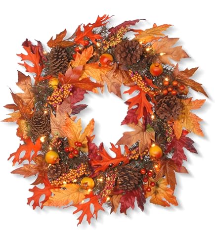 Ochine Corona De Otoño De 20 Pulgadas, Decoración De Acción De Gracias Y Halloween, Corona Artificial De Granja Con Calabazas, Baya, Hoja De Arce, Cono De Pino, Interior/exterior, 20 Pulgadas