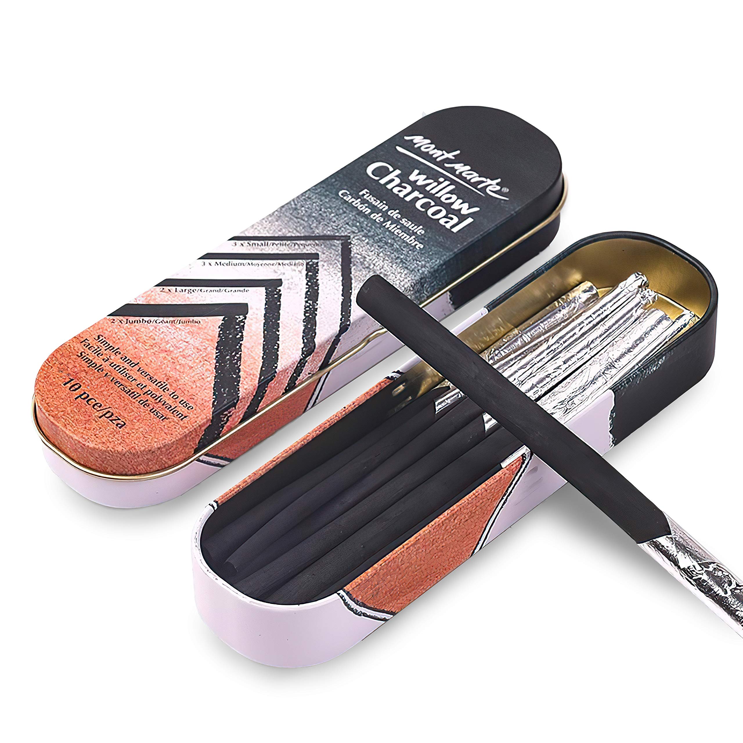 MONT MARTE Charcoal Pencils Set – 10 pieces in different Sizes – Black Charcoal Pencils for Drawing – Drawing Pencils in Aluminium Case