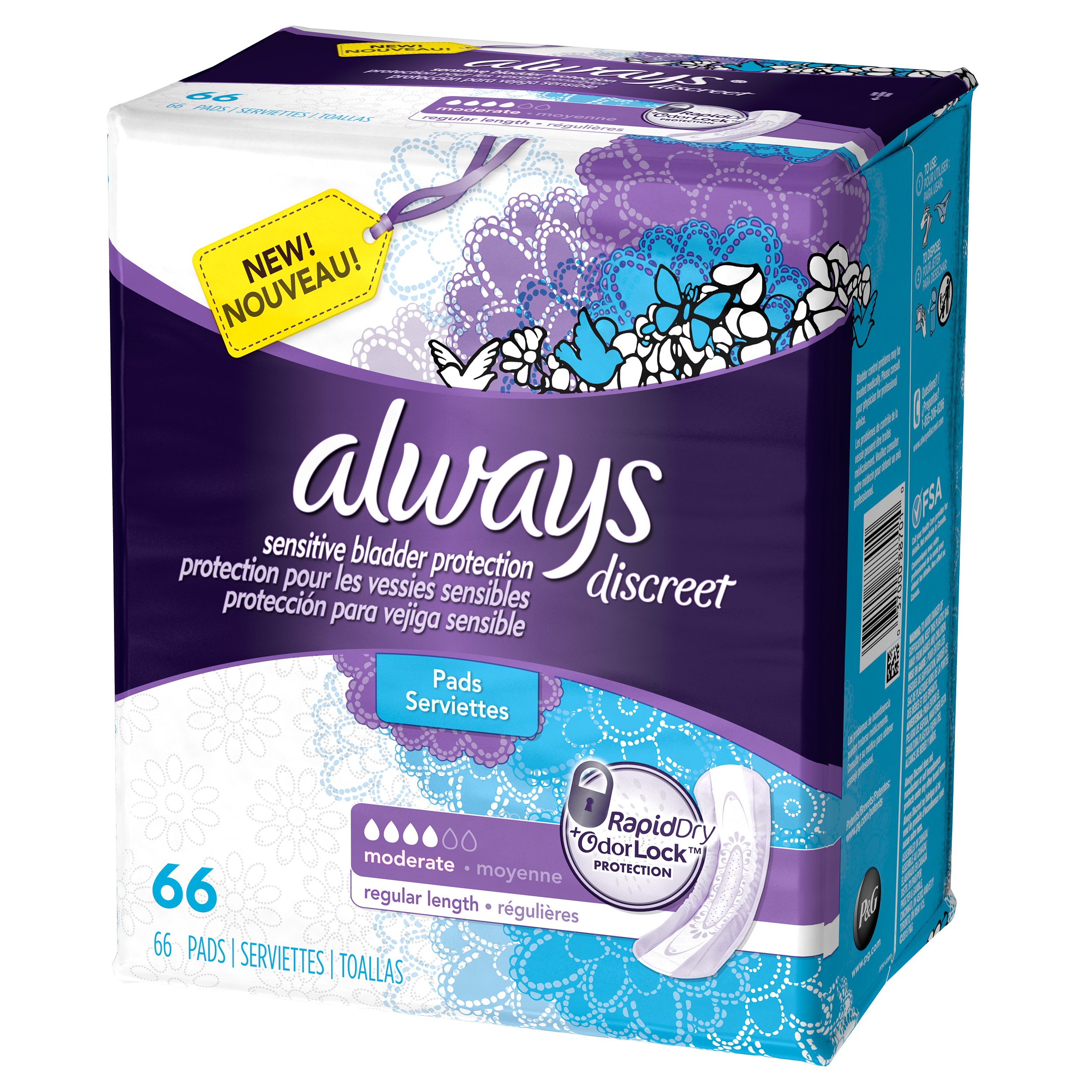 Always Discreet, Incontinence Pads, Moderate, Regular Length, 66 Count