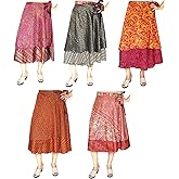 Maple Clothing Women's Indian Silk Sari Wrap Skirts Vintage Magic Long Boho Two Layers Wholesale 5 Pcs Lot Multicolored