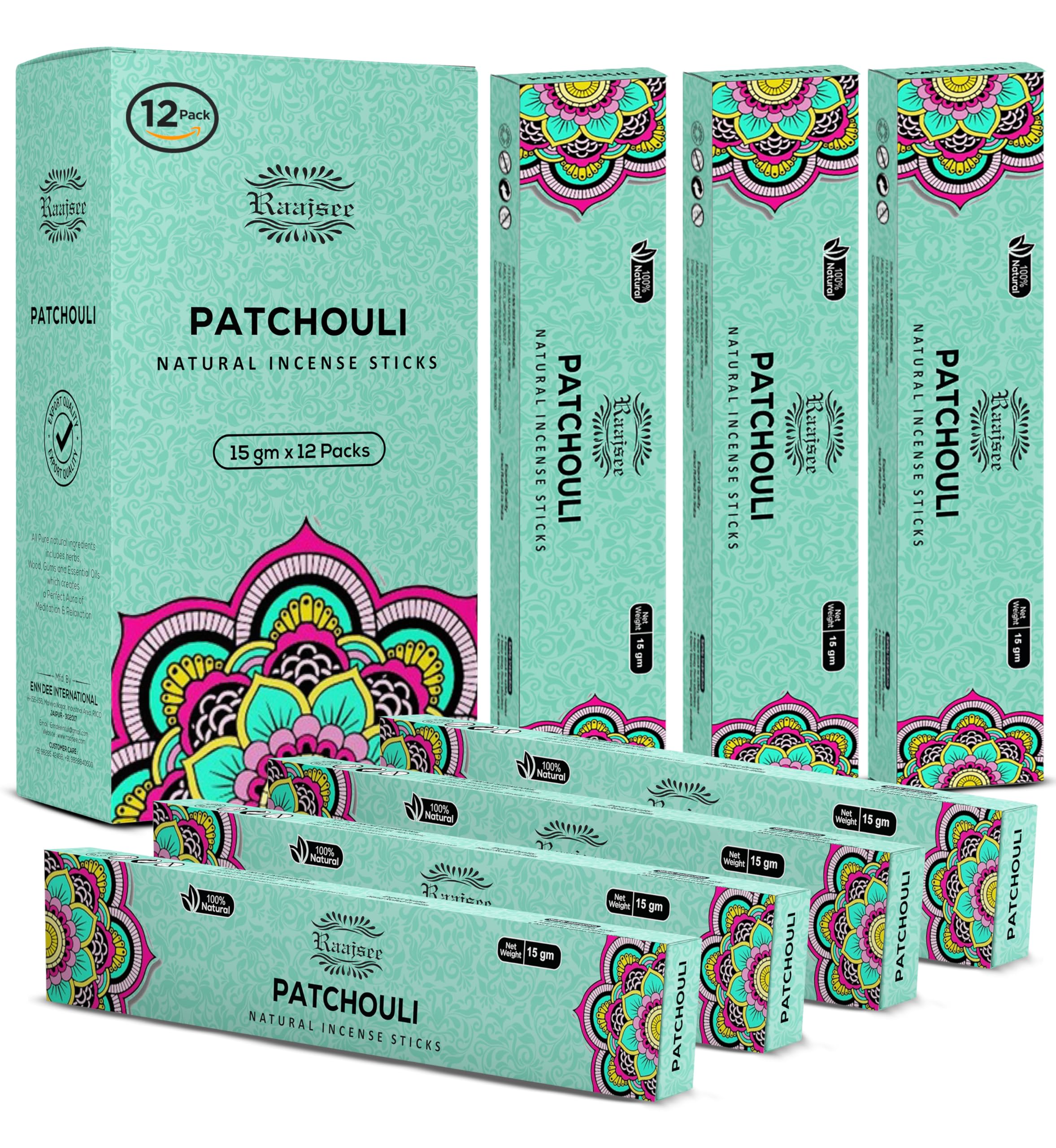 raajsee 15 GMS x 12 Pack Patchouli Incense Sticks,100% Pure Organic Natural Hand Rolled Free from Chemicals - Perfect for Aromatherapy,Meditation