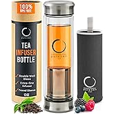 Pure Zen Tea Tumbler with Infuser - Double Wall Glass Travel Mug with Stainless Steel Filter - Leakproof Tea Infuser Bottle for Loose Leaf Infusions and Fruit Infused Water - Unique Gift Set - 13 oz