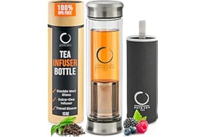 Pure Zen Tea Tumbler with Infuser - Double Wall Glass Travel Mug with Stainless Steel Filter - Leakproof Tea Infuser Bottle for Loose Leaf Infusions and Fruit Infused Water - Unique Gift Set - 13 oz