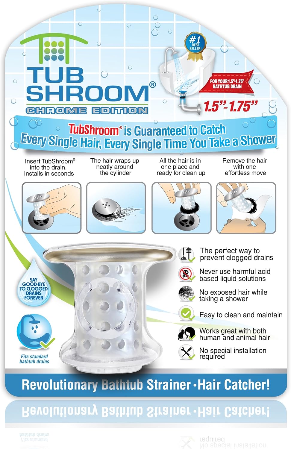 TubShroom Chrome Edition Revolutionary Tub Drain Protector Hair Catcher, Strainer, Snare: Home & Kitchen