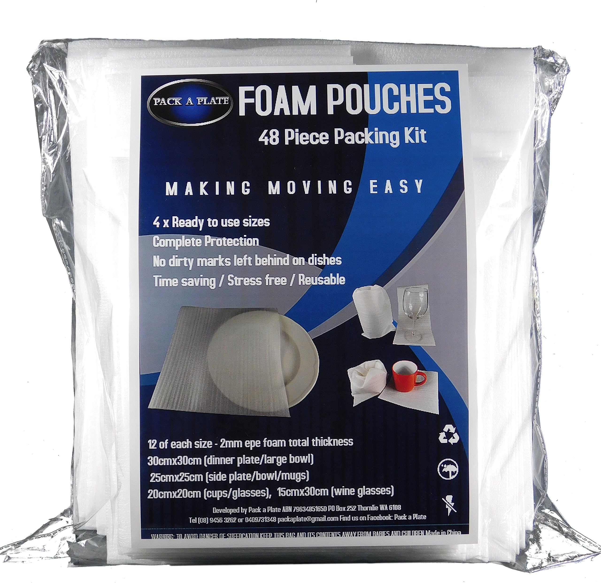 Pack a Plate Foam Pouches 4 in 1 Packing Kit (48 Pack) 12 x 4 Various Sizes, Safely Wrap Dishes, Ideal for Glass Packing / Protect Dishes & Fragile Items with QUALITY Foam Pouch Moving Supplies