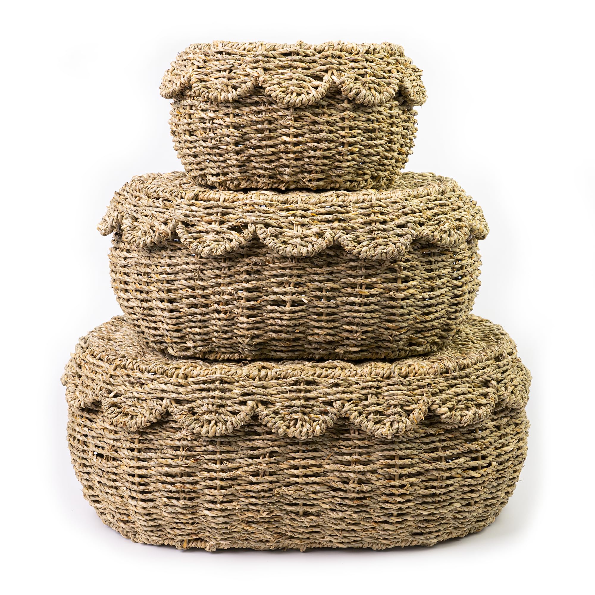 Photo 1 of KOLWOVEN Set of 3 Wicker Storage Baskets with Lid - Decorative Handwoven Rattan Baskets for Organizing, Small Hyacinth Storage Boxes with Scalloped Edges, Natural Woven Storage Bins with Lids