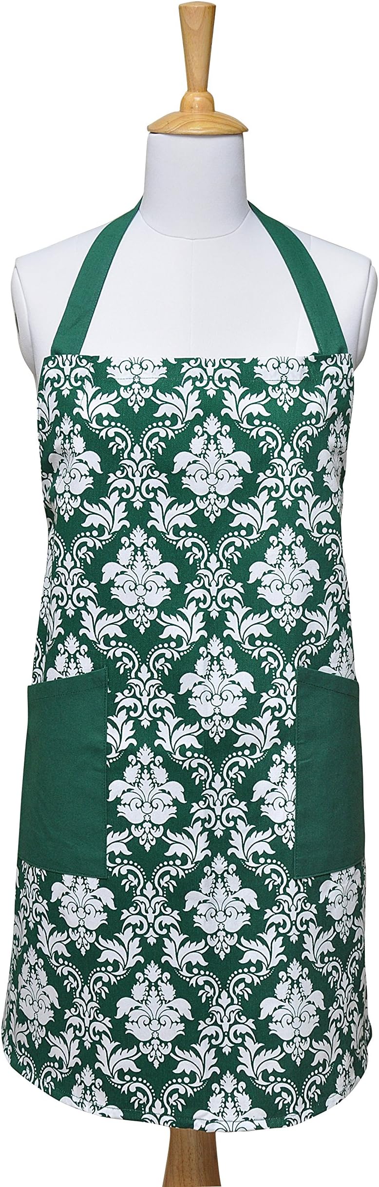Kitchen Apron, Green, 100% Cotton Printed Damask Kitchen Apron of Size 29X37.5 Inch, Adjustable Neck Strap & Front Pockets, Premium Quality Fine Yarn, PERFECT FOR COOKING
