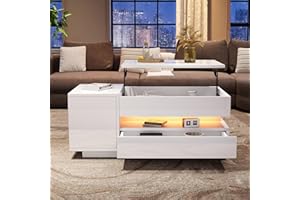 Zolyndo Coffee Table with Storage, Lift Top Coffee Table with LED Lights, Living Room Table with Hidden Storage Space, High G