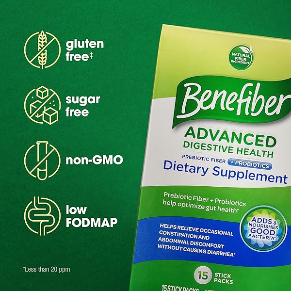 BENEFIBER ADVANCED DIGESTIVE HEALTH PREBIOTIC FIBER SUPPLEMENT POWDER WITH PROBIOTICS FOR DIGESTIVE HEALTH, LOW FODMAP – 15 STICKS (3.0 OUNCES)