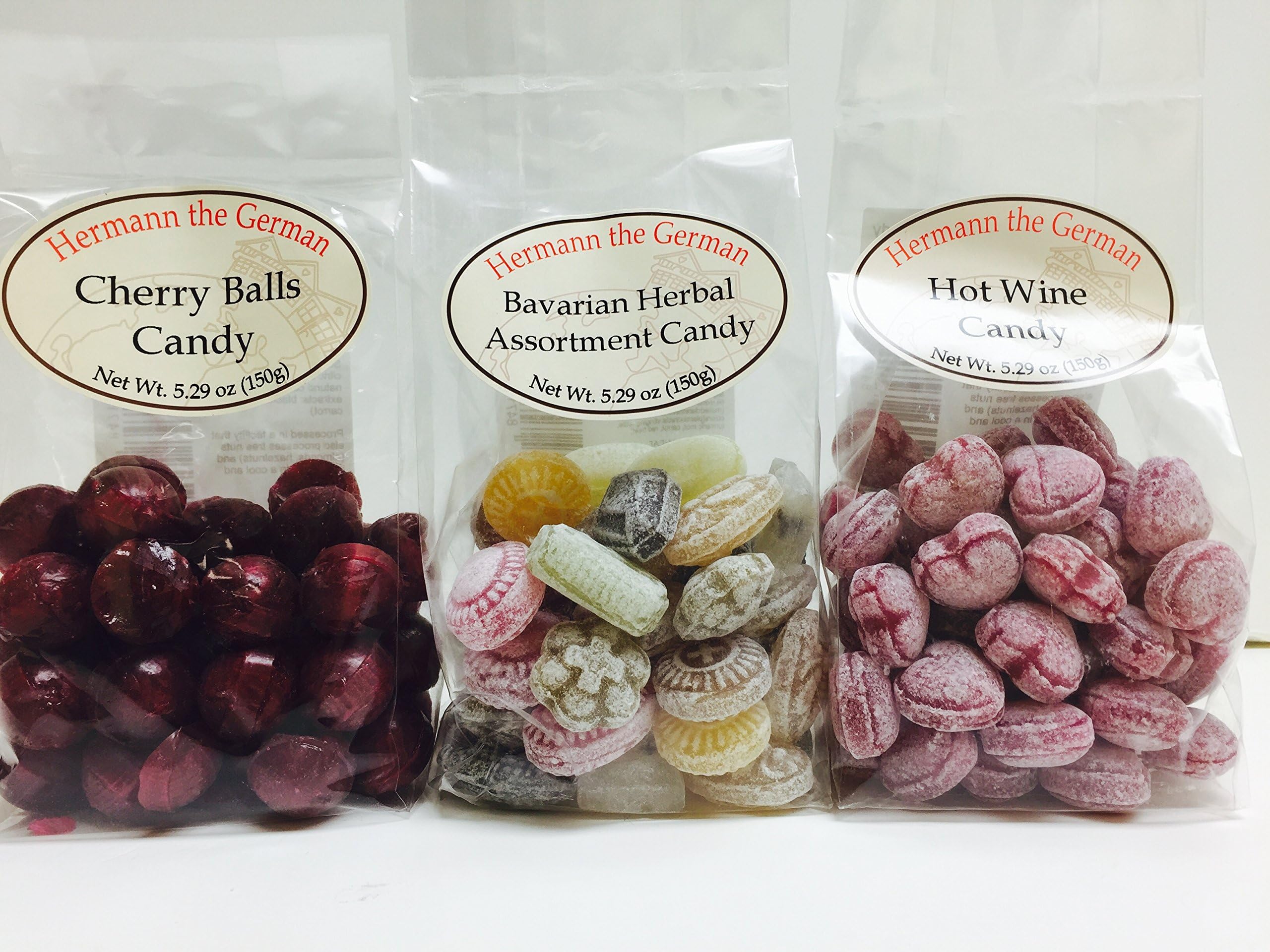 Hermann the German 5.29-Oz Candy Variety 3 Packs with 3 Flavors – Cherry Balls, Bavarian Herbal Assortment, and Hot Wine Candy
