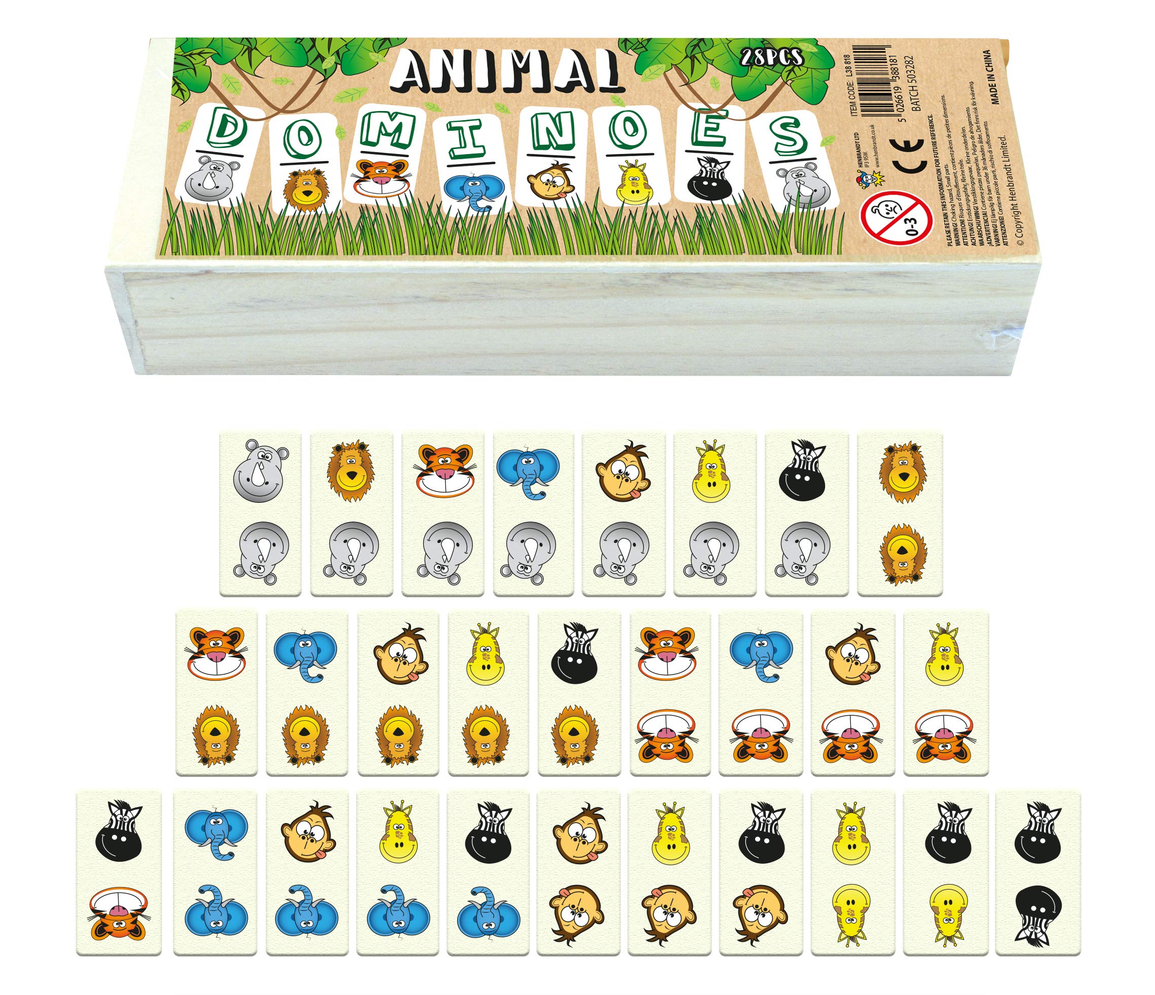 HENBRANDT Animal Dominoes Set for Children – 28 Pieces in Wooden Box – Traditional Kids Domino Matching Game with Jungle Animals