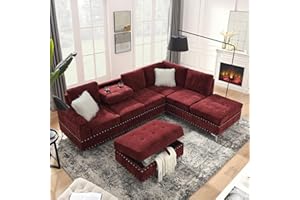 Olodumare Living Room Furniture Sets,L-Shape Sectional 3-Seater Sofa with Extra Wide Reversible Chaise, Storage Ottoman and Cup Holders and Copper Nails,2 Pillows,Claret