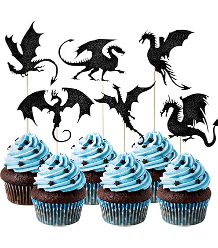 Drachen Cake Topper Set – 25 Stück, Schwarzer Drache & 'Happy Birthday' Aufsteller, Für Dino- Oder Fantasy-Partys