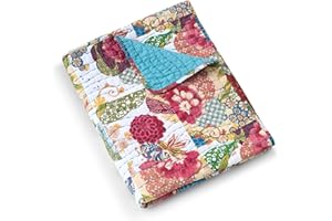 GREENLAND HOME FASHIONS Greenland Home Jewel - Classic Boho Floral - 100% Cotton Kantha Quilted Throw Blanket, 50 x 60 inches, White