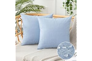 UGS UGASA UGASA Outdoor Throw Pillow Covers Pack of 2 Plaid Texture Waterproof Farmhouse Linen Decorative Square Cushion Pillows Covers for Patio Porch Outside Yard Garden Bench 18x18 Inch, Light Blue