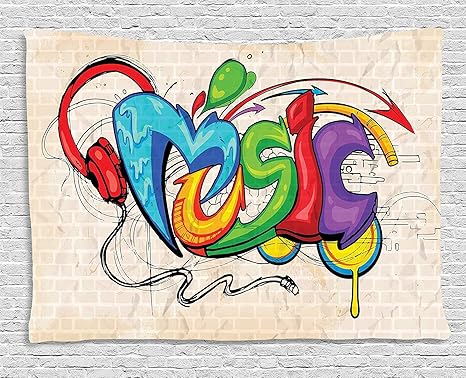 Amazon Co Jp Jocarタペストリー音楽のタペストリー ベージュのレンガのグラフィティスタイルレタリングヘッドフォンヒップホップテーマの イラスト絶妙な創造的な家の装飾壁掛けタペストリー150x0cm ホーム キッチン