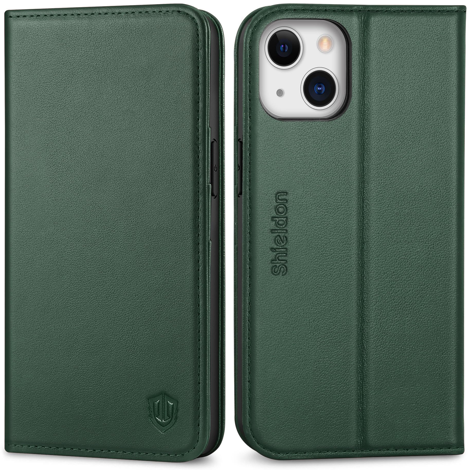 SHIELDON Case for iPhone 13, Shockproof Genuine Leather Wallet Case [Card Slots][RFID Blocking][TPU Shell][Kickstand] Magnetic Folio Flip Cover Compatible with iPhone 13 6.1" 5G 2021, Midnight Green — image 1