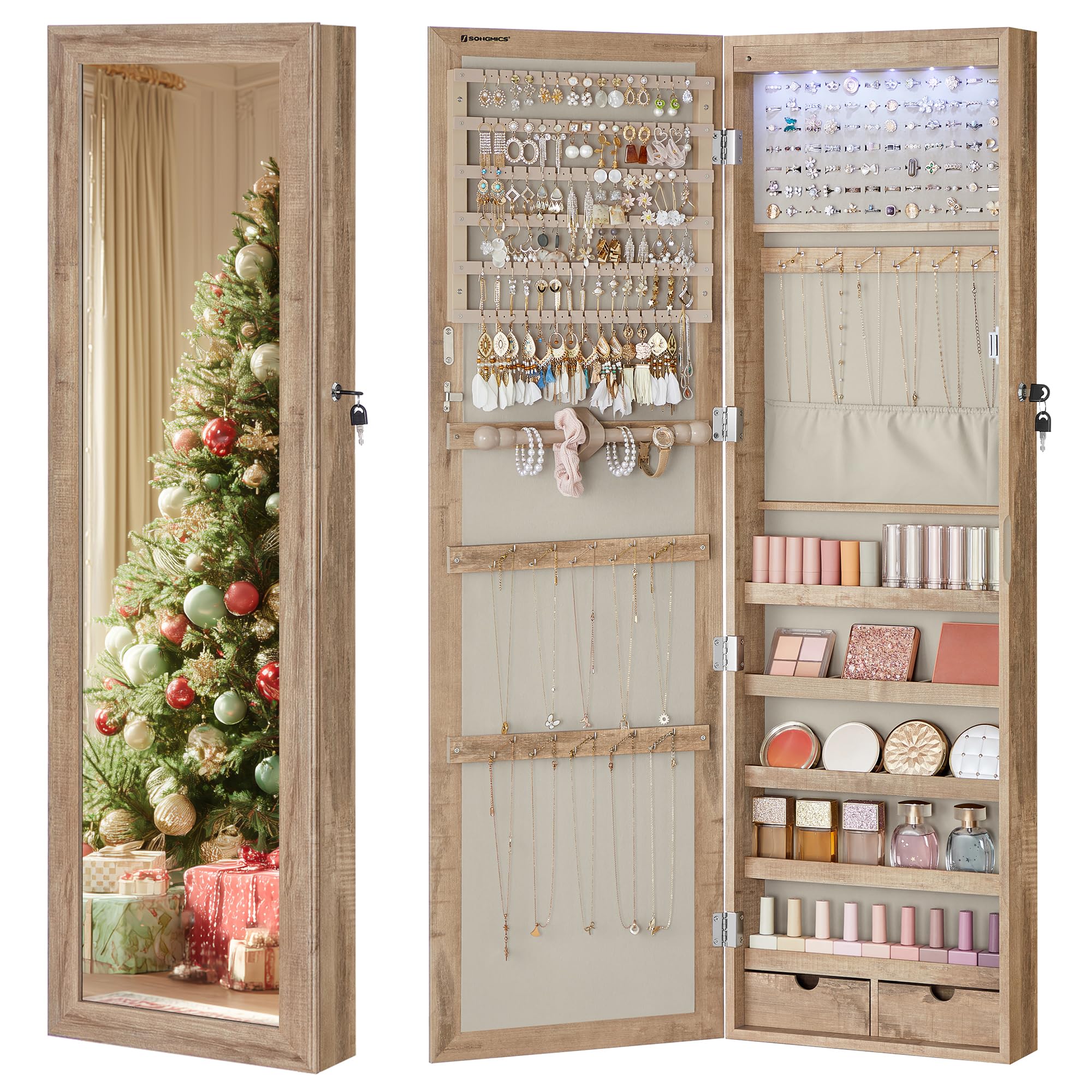 SONGMICS 6 LEDs Mirror Jewelry Cabinet, 47.2-Inch Tall Lockable Wall or Door Mounted Jewelry Armoire Organizer with Mirror, 2 Drawers, Christmas Gift, 3.9 x 14.6 x 47.2 Inches, Toasted Oak Color Image